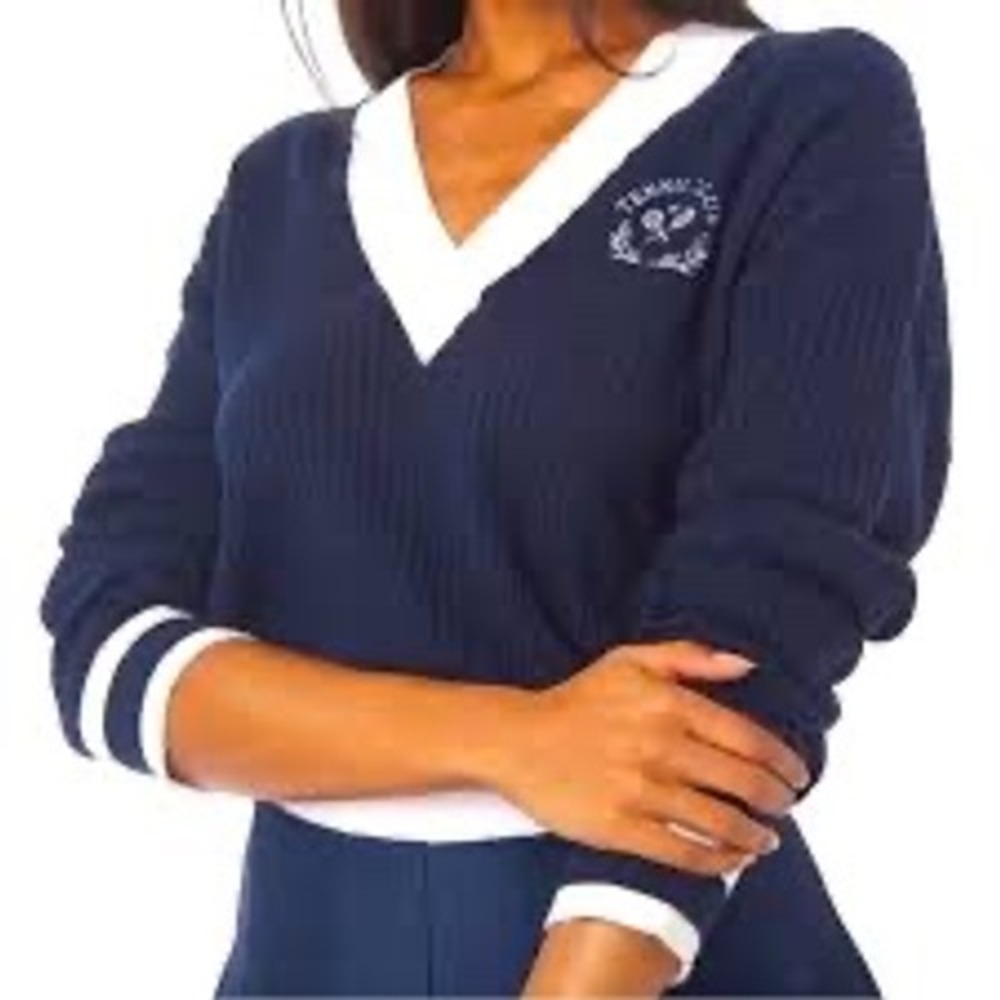 WeWoreWhat Tennis Club Sweater‎ Womens XS/S BlueVarsity V-Neck Cable Knit Preppy